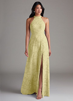 Azazie Clarice Bridesmaid Dresses Lemon Sorbet A-Line Side Slit Floral Burnout Dress image1