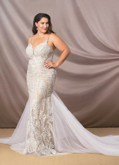 Azazie Josephine Final Sale Diamond White Nude Mermaid V-Neck Sequins Tulle Dress image7