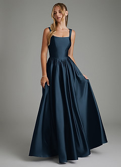 Azazie Nevaeh Bridesmaid Dresses Dark Navy A-Line Corset Stretch Satin Dress image4