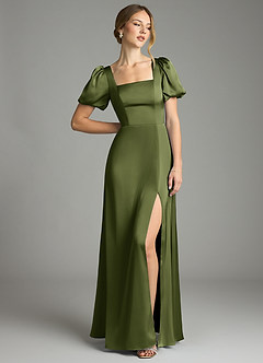 Azazie Fyona Bridesmaid Dresses Olive A-Line Pleated Stretch Satin Dress image9