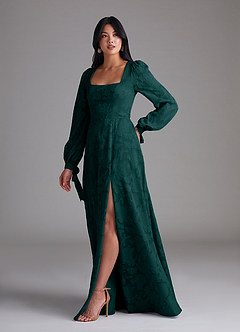 Azazie Leonia Bridesmaid Dresses Pine A-Line Long Sleeve Floral Burnout Dress image2