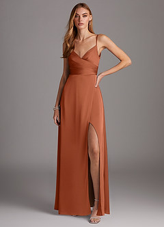 Azazie Calissa Bridesmaid Dresses Cedar Rose A-Line V-Neck Pleated Stretch Satin Dress image1