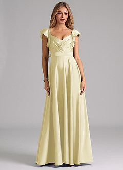 Azazie Leilani Bridesmaid Dresses Lemon Sorbet A-Line Ruched Stretch Satin Dress image3