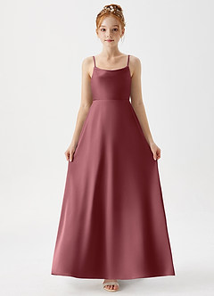 Azazie Shale Junior Vestido de Rosa Del Desierto de Satén Elástico de Corte En A image5