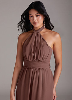 Azazie Lamara Bridesmaid Dresses Espresso Off the Shoulder Chiffon Convertible Jumpsuit image2