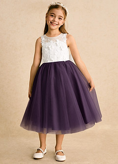 Azazie Lina Flower Girl Dresses Ivory Plum Ball-Gown Lace Dress image5