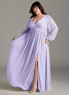Azazie Norah Bridesmaid Dresses Lilac A-Line V-Neck Long Sleeve Chiffon Dress image10