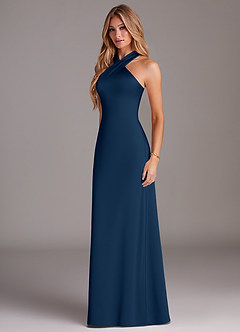 Azazie Doretta Bridesmaid Dresses Dark Navy Mermaid Pleated Stretch Satin Dress image4