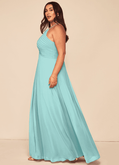 Azazie Ginger Bridesmaid Dresses Aqua A-Line Halter Pleated Chiffon Dress image13
