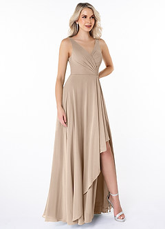 Azazie Calvi Bridesmaid Dresses Taupe A-Line Ruched Chiffon Dress image3