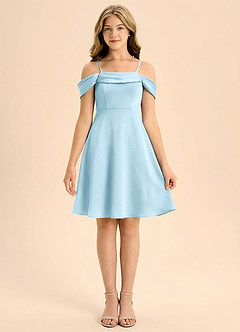 Azazie Anselie Junior Abito A-Line in Raso Elasticizzato Plissettato Azzurro image3