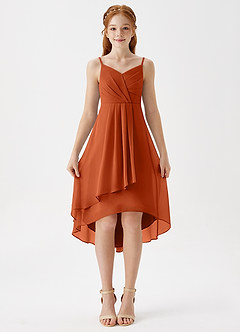 Azazie Mariam Junior Robe Trapèze en Mousseline de soie Plissée Orange Brûlée image4
