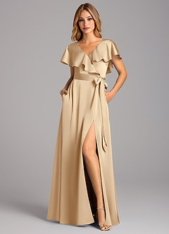 Azazie Lainey Bridesmaid Dresses Champagne A-Line with Pockets Stretch Satin Dress image4