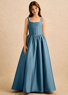 Azazie Enid Girls Formal Blomsterpigekjoler A-Line Perlebesat Stræk satin Gulv-længde Kjole image5