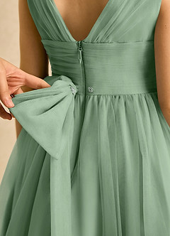 Azazie Macaron Robe Demoiselle D'honneur Fillette Robe Trapèze en Tulle Plissée Matcha image6