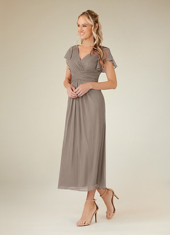 Azazie Vera Abiti per la Madre della Sposa Abito A-Line in Maglia con Scollo a V a Pieghe Taupe image2