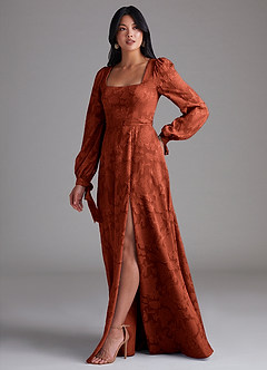 Azazie Leonia Robes de demoiselle d'honneur Robe Trapèze en Blumen-Burnout Manche longue Auburn image2