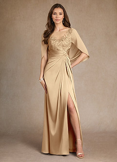 Azazie Hera Vestidos para mãe da noiva Vestir Champanhe de Cetim elástico de Linha A com Renda image1