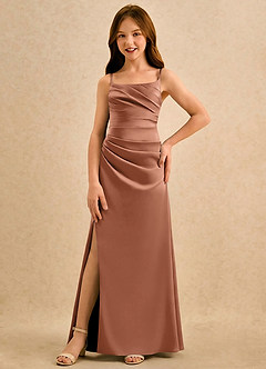 Azazie Cannoli Girls Formal Flower Girl Dresses Bronzer A-Line Pleated Matte Satin Dress image3