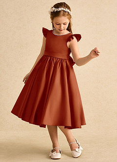 Azazie Dumpling Flower Girl Dresses Paprika A-Line Bow Matte Satin Dress image3