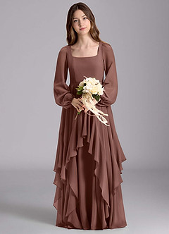 Azazie Clara Junior Espresso A-Line Blouson Chiffon Dress image7