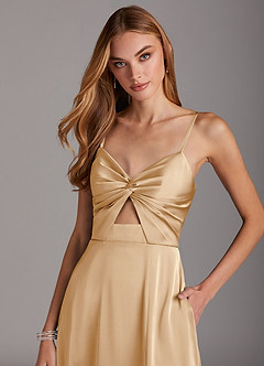 Azazie Jenna Bridesmaid Dresses Champagne A-Line Pleated Stretch Satin Dress image5