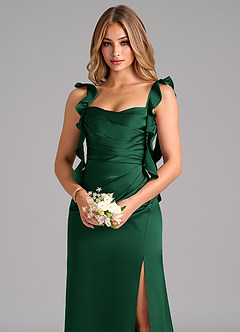 Azazie Jessamine Probar vestidos en casa Vestido de Verde Oscuro de Satén Elástico de Corte en A con Corsé image7