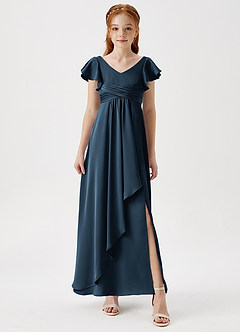 Azazie Omari Junior Vestido Azul Marino Oscuro de Satén Elástico de Corte en A con Plisado image4