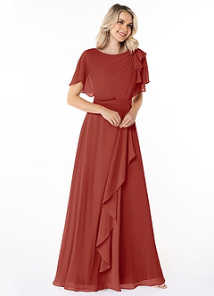 Azazie Aaliyah Bescheidene Brautjungfernkleider A-Linie Schaufel Gefaltet Chiffon Bodenlänge Kleid image3