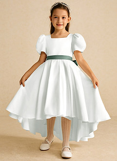 Azazie Zippy Flower Girl Dresses Ivory Eucalyptus A-Line with Sleeves Matte Satin Dress image2