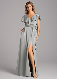 Azazie Lainey Bridesmaid Dresses Silver A-Line with Pockets Stretch Satin Dress image3