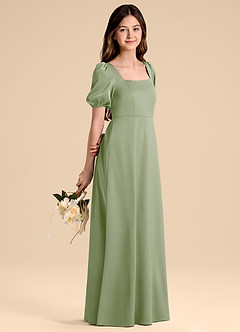 Azazie Briar Junior Vestido de Salvia Polvorienta de Satén Elástico de Corte en A con Lazo image6