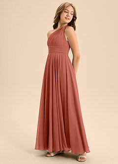 Azazie Charlize Junior A-Linie Plissee Chiffon Kleid Lehm image4