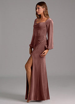 Azazie Charissa Bridesmaid Dresses Espresso Sheath Long Sleeve Velvet Dress image4