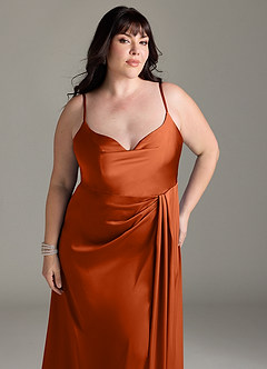 Azazie Brielle Jurken voor bruidsmeisjes Jurk van Stretch Satijn met A-Lijn Kap spaghettibandjes Verbrande Sinaasappel image11