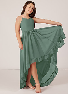 Azazie Sarafina Junior Eucalyptus A-Line Lace Chiffon Dress image3