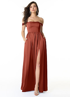 Azazie Morana Jurken voor bruidsmeisjes Converteerbaar Jurk van Stretch Satijn met A-Lijn Off the Shoulder Terracotta image1
