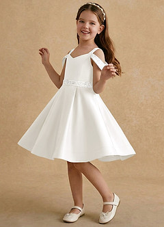 Azazie Judi Jurken voor bloemenmeisjes A-Lijn Jurk van Mat Satijn Ivoor image3