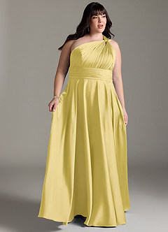 Azazie Charlize Bridesmaid Dresses Canary A-Line One Shoulder Stretch Satin Dress image11