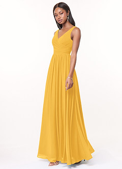 Azazie Keyla Bridesmaid Dresses Marigold A-Line V-Neck Pleated Chiffon Dress image3