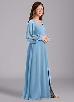 Azazie Bondi Junior Vestido de Azul Acero de Gasa de Corte en A con Blusón image4