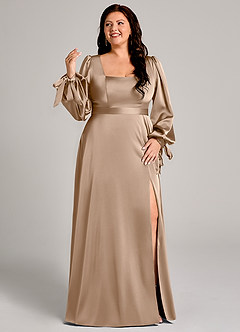 Azazie Leonia 신부 들러리 드레스 A라인 긴팔 스트레치 새틴 바닥 길이 드레스 image10