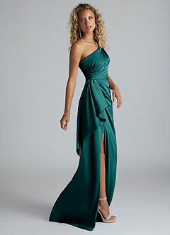 Azazie Maive Robes de demoiselle d'honneur Robe Fourreau en Satin extensible Rayé Paon image4