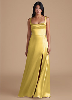 Azazie Hope Bridesmaid Dresses Canary A-Line with Pockets Metallic Satin Dress image2