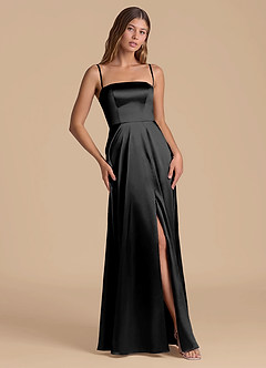 Azazie Wren Vestidos de damas de honor Vestido de Negro de Satén Metálico de Corte en A con Sin tirantes image5