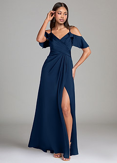 Azazie Dakota Bridesmaid Dresses Dark Navy A-Line Off the Shoulder Stretch Satin Dress image4