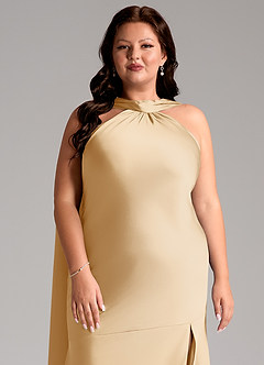 Azazie Kinsley Vestidos de madrinha de casamento Vestido Ouro de Cetim elástico de sereia com Fenda Lateral image13