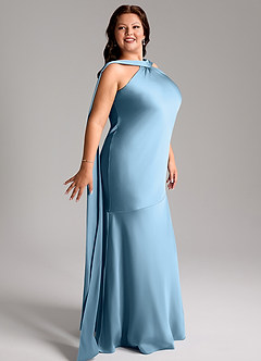 Azazie Kinsley Vestidos de madrinha de casamento Vestido Aço Azul de Cetim elástico de sereia com Fenda Lateral image12