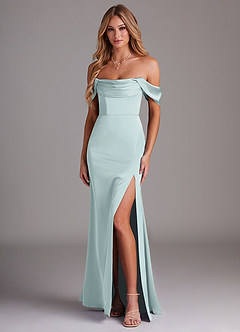 Azazie Saige Bridesmaid Dresses Mist Sheath Off the Shoulder Stretch Satin Dress image1