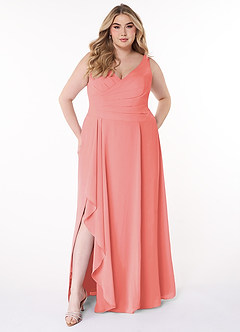Azazie Kori Brautjungfernkleider A-Linie Plissee Chiffon Kleid Koralle image6